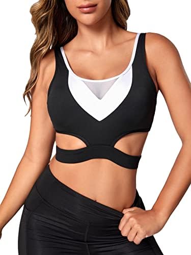 Milumia Women Contrast Mesh Cut Out Sport Bra acolchoado Treino acolchoado Executando tanques de colheita de sutiãs de ioga