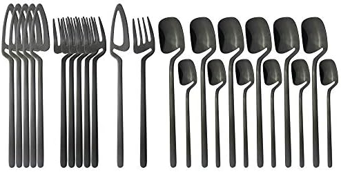 Dejjfoi 24pcs Black Dinnerware 18/10 Calhas de aço inoxidável Conjunto de talheres espelhados Fork Spoons Spoons de tabela Definir barra de talheres de barra de talheres