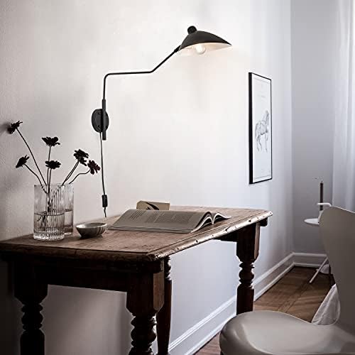 Conjunto de arandela de parede de braço de balanço moderno de 2, lâmpada de parede preta com arandelas de parede de cordão de plug-in para o quarto da sala de estar lendo, luz de parede preta rotativa com o fio ligado/desligado para o quarto, sala de estar