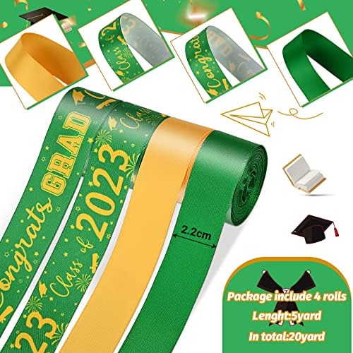 4 rolos de 20 jardas de graduação, 2,2 cm de fita de graduação verde e dourada de cetim de 2023 parabéns fita decorativa graduada