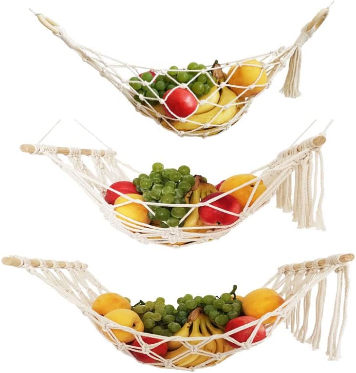 Hammock de frutas de frutas de macram de Mersuii sob o organizador de vegetais do armário para cesta de armazenamento de decoração de cozinha boho, tecido suspenso com gancho, 60 cm