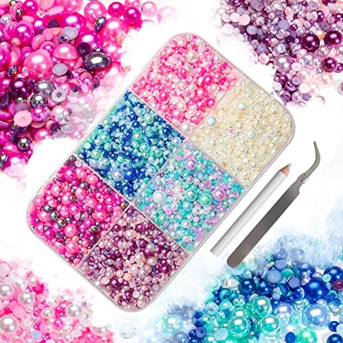 Kimshiny 7200pcs unhas jóias e strass, 120g 3-10mm ABS Half Pearl para unhas e lascas de traseiro planas strass para artesã