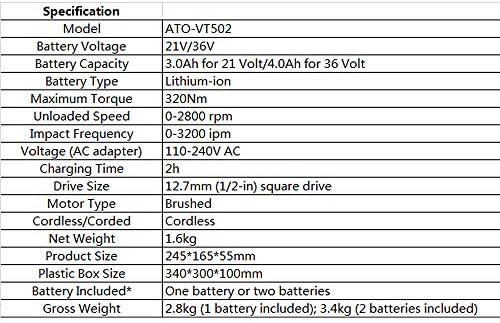 ATO 21 Volt 1/2 polegada sem fio Chave de impacto elétrico, apenas ferramenta, chave de impacto para aplicações automotivas e outras.