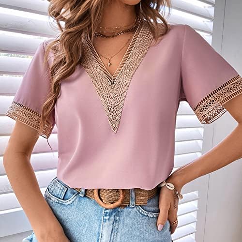 Summer outono BASIC BASTY LADA LADA DE MANAGEM CURTA TREENDY V NECK LACE BRUnch Top camiseta para feminino 50 50