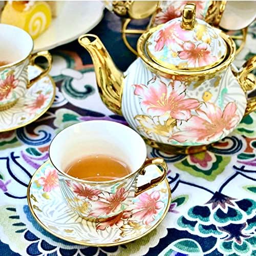 20 peças Tea Tea Set com suporte de metal, conjunto de chá de cerâmica europeu para adultos, conjunto de chá de flores, conjunto de chá para mulheres com pintura de flores