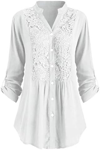 Button Lace Patchwork Tops para mulheres mulheres laminadas camiseta V blusas de pescoço Bloups de túnica longa de túnica