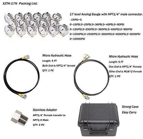 XZT 17N Kit de medidores analógicos hidráulicos de pressão, conjunto de medidores de pressão, mangueira de teste, com entrada