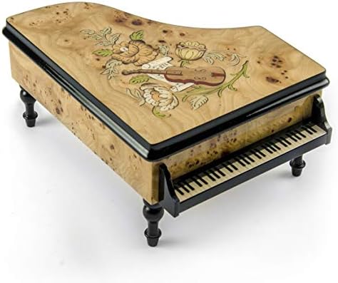 Lindo Música Burl -Elm e Tema Floral Grand Piano Sorrento Box - Muitas músicas para escolher - Yellow Bird
