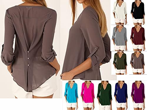 ANDONGNYWELL Women Feminino Blogas Button Button Tunic Tunic Camisetas Tops Blusa Pull Sleeve Chiffon Camisa de chiffon