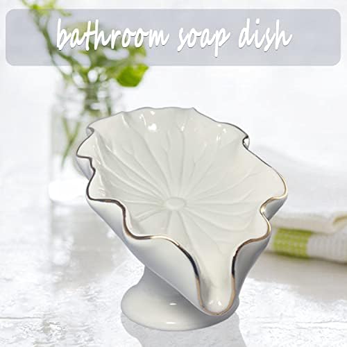 Sabão de sabão de banheiro branco, porta -sabão de folha de lótus, sabonete de cerâmica para balcão, suporte de sabão auto -drenado