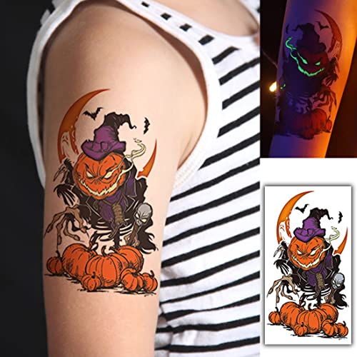 Ooopsiun Luminous Halloween Tattoos temporários para homens Meninas Manga de meio braço, grandes tatuagens de abóbora de crânio de terror 3D para o cosplay de zumbis de festa de Halloween