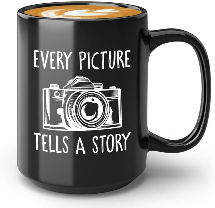 Bubble abraços fotógrafos caneca de café 15oz preto - Toda foto conta uma história - câmera fotográfica DSLR Optical Professional