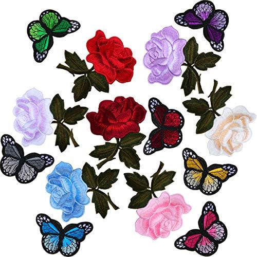 14 peças Bordado Flor de rosa Flor de borboleta Ferro em remendos de apliques costuram em manchas de borboleta Rose