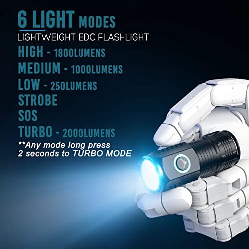 Tsukitac Mini lanterna, 2000 lúmens, lanterna de LED compacta recarregável, lanterna de bolso leve para camping, caminhada, tocha para