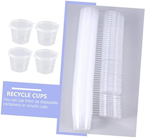CABILOCK 100PCS Caixa de molho de recipiente transparente com recipientes de molho de tampa com tampas de recipientes de bolo com tampas de lanches descartáveis ​​xícaras de açúcar xícaras de plástico copos de armazenamento xícara de copo redonda de 2 onças