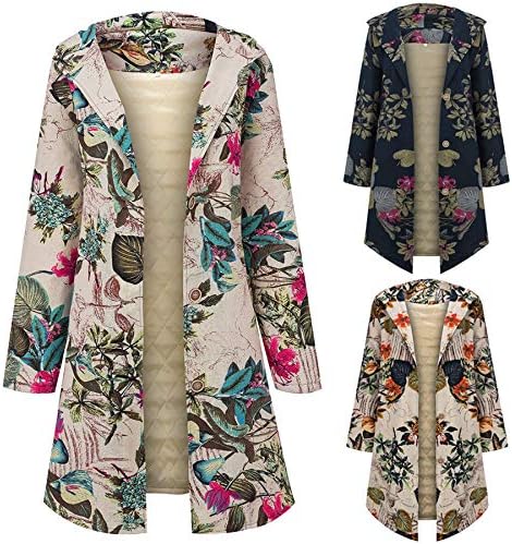 Andongnywell Ladies Warm Outwear Floral Print com capuz casacos vintage de manga longa para fora do casaco com capuz com