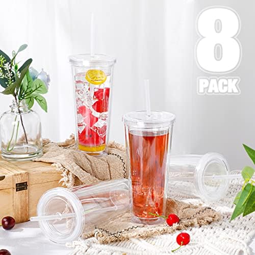 8 PCS Tumbler de acrílico de parede dupla com tampa e palha de 22 oz Tumblers isolados Tumblers de plástico copos transparentes com tampas reutilizáveis ​​para acampamento Party Festy Travel Office Home