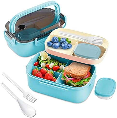 1,3 ml de lancheira infantil com recipiente de molho e talheres, 6 compartimentos carregando alça com bandeja de estilo bento,