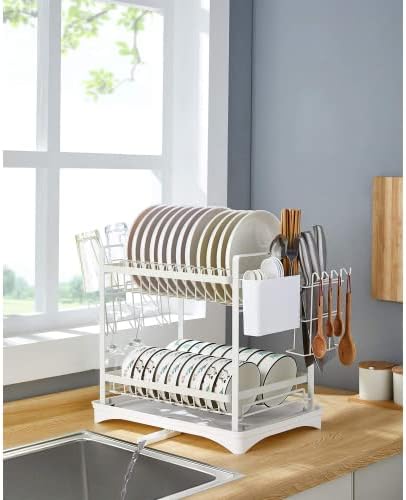Kakiblin 2 rack de prato, rack de secagem de pratos com suporte de utensílio, suporte para tábua de cortar e escorrinho da bancada da cozinha, placa de drenagem, branco