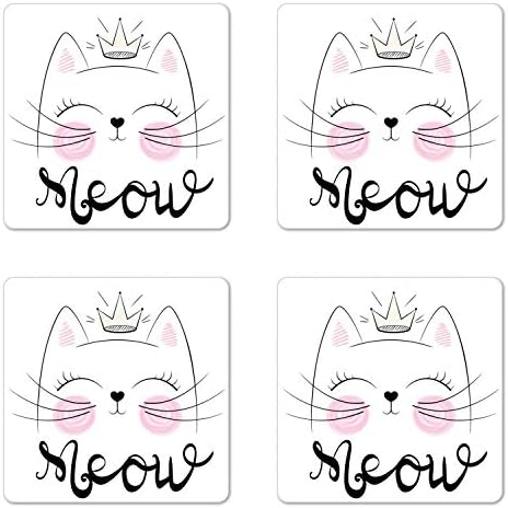 Conjunto de montanha -russa de Ambesonne Cat de 4, gatinho de desenho animado de caligrafia de meow com uma coroa desenhada à mão, montanhas -russas quadradas quadradas, tamanho padrão, rosa pálido Dimgray