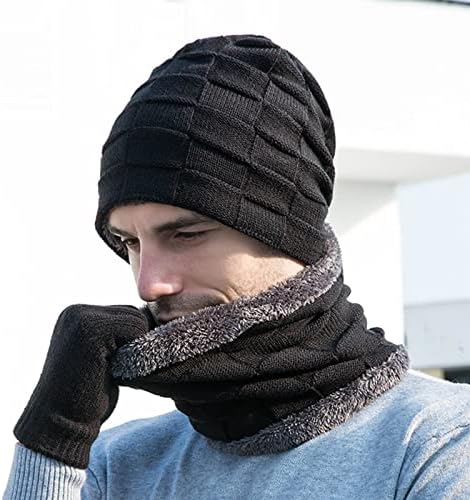 Malha masculino, chapéu quente do vento, chapéu de inverno, luvas de lenço de três peças de lã de lã de lã de lã para homens masculinos