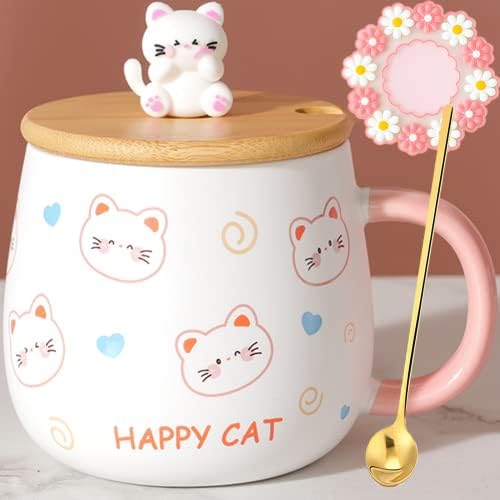 Caneca de café de gato fofo com tampa e colher gato impressão de gato coisas presentes 400 ml de chá cerâmica xícara