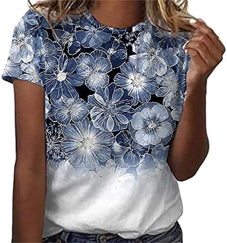 Tops de colheita para mulheres 2023 Primavera e verão Novo impressão de flores de mangas curtas Camise de pescoço redonda Túnica