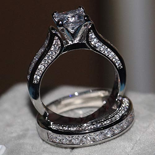 Jóias de ansiedade para adolescentes 2-em 1 anel branco engajamento vintage feminino conjunto de diamantes de casamento rings de banda de prata