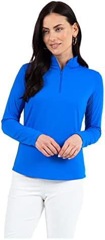 Ibkul athleisure wear sol protetor upf 50+ gelo refrigeração de refrigeração de manga longa mock top com malha de baixo braço 80000 azul sólido l