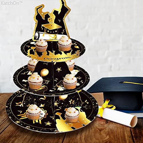 Katchon, suporte de cupcakes de formatura 2023-3, portadores de cupcake preto e dourado | Forros de cupcakes de formatura | Decorações de bolo de suporte do cupcake de formatura | Decorações de graduação em preto e dourado 2023