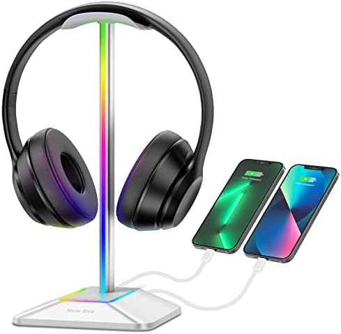 New Bee RGB fone de ouvido com 1 porta de carregamento USB-C e 1 porta de carregamento USB, suporte para o fone de ouvido de mesa com 7 modos de luz e base de borracha sem deslizamento adequada para todos os acessórios para fones de ouvido