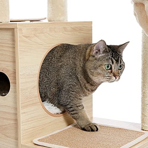 53 polegadas de luxo moderno gato árvore de madeira multi-level Tower Cat Sky Castle com 2 condomínios aconchegantes, poleiro aconchegante, rede espaçosa e bola interativa