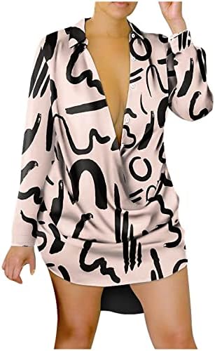 Vestido de manga longa sexy para mulheres de mergulho profundo capota de pescoço botões de impressão geométrica colar