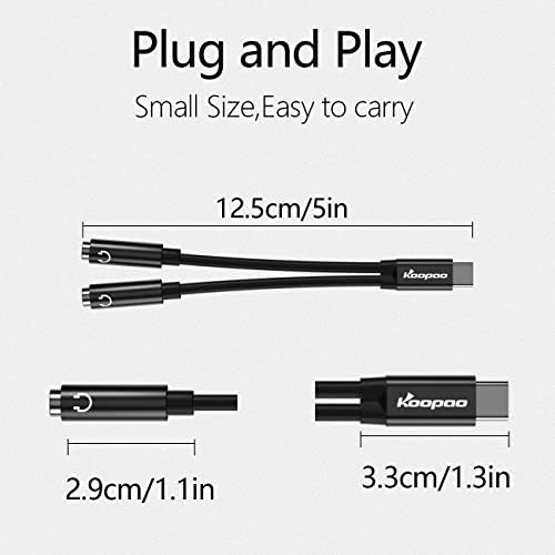 Koopao USB C a 3,5 mm AUX AUX Audio fone de ouvido, adaptador de conector de fone de ouvido Aux Type C a Dual 3,5