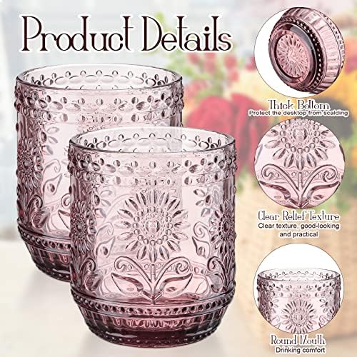 8 PCs 12 onças em relevo decorativo copo roxo de copo floral bebida de vidro vintage de vidro romântico colorido de cristal