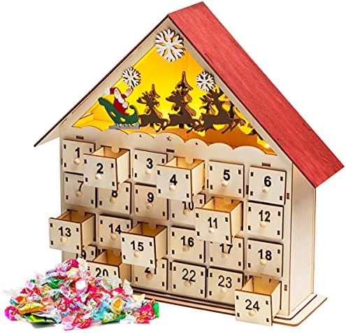 Joiedomi 2022 Christmas LED Wooden Advent Calendar com 24 gavetas, 24 dias de contagem regressiva DIY Calendário Caixas