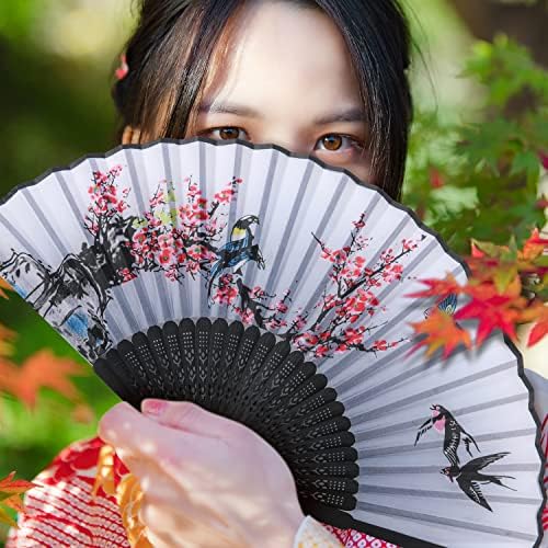 Fãs dobráveis ​​de Kinbom 4pcs, a granel portátil, chinês de estilo vintage elegante ventilador azul preto fã de mão dobrável