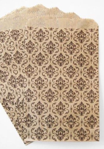 RJ Displays- 200 Pack Damask Brown Kraft Sacos de papel, 4 x 6 polegadas para doces, biscoitos, pequenos presentes, artesanato,