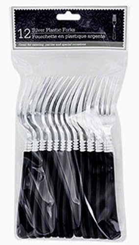 Utensílios de partido descartáveis ​​de prata elegantes garfos de plástico com alça preta, 12 ct