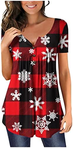 Camiseta de Natal Tops para mulheres estampas xadrezas de manga curta Casual Casual Tunic Blouse Tops Blusa de férias de Natal