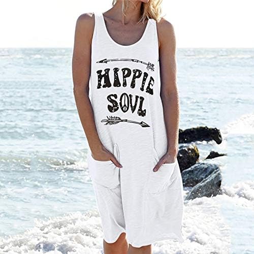Vestidos de tanque casual de verão Badhub Summer Hippie Hippie Letter Print Beach Mini vestido com bolsos curtos
