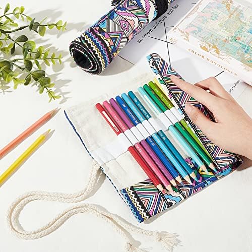 NBeads 2 PCs Bolsa de pincel de pincel, 2 estilos 12 slots/20 slots boho lona Lápis Roll embrulhas Bolsa de maquiagem Brilhos de maquiagem CASA CASE Organizador de escova de aquarela dobrável, padrão geométrico