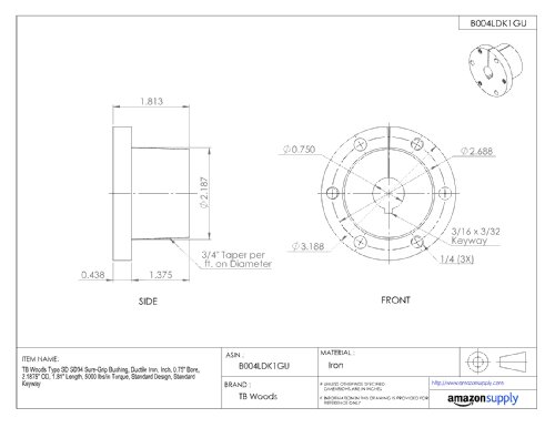 TB Woods Tipo SD SD34 Bucha certa, ferro dúctil, polegada, 0,75 Bore, 2,1875 OD, 1,81 Comprimento, 5000 lbs/em torque, design padrão, Keyway padrão