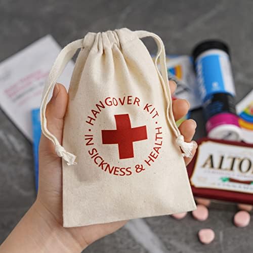 Pandasew Hangover Kit Bags Saco de favor da festa para Bachelorette Survival Jewelry Pouch Bolsa de luxo de algodão para presentes Favor de casamento, 20pcs 6x4 polegadas em doenças e saúde