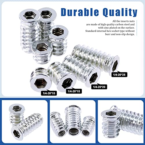 Glarks 90pcs 1/4 -20 x 10mm/15mm/20mm/25mm Inserções rosqueadas Conjunto de sortimento de porcas, porca de mobília de soquete