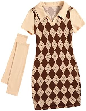 Soly Hux Girl Argyle Plaid Manga curta Bodycon Lápis Mini vestido V Vestidos de camiseta de pólo de verão de verão com manga de