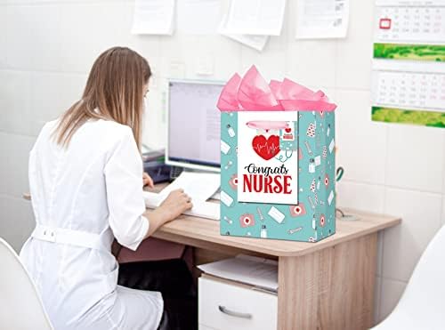 Bolsa de presentes de graduação de enfermagem Hohomark, parabéns enfermeiros bolsa de presente com papel de seda e cartão 11.5 ''