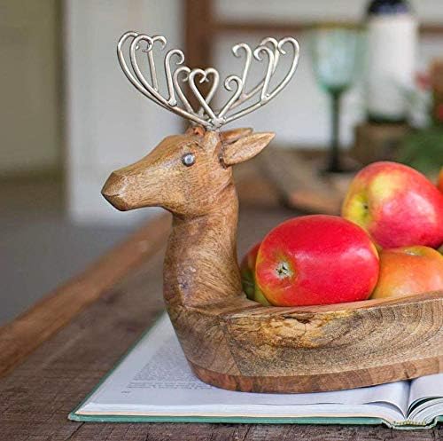 Kalalou tigela de rena de madeira esculpida à mão com chifres de metal