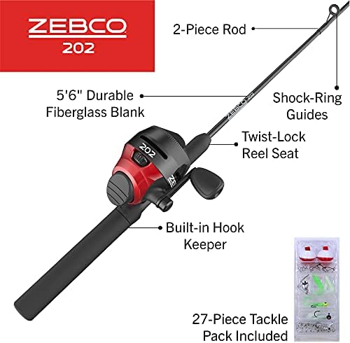 ZEBCO 202 Reel Spincast e Combo Rod Rod, pólo de pesca de 2 polegadas de 1,80m, carretel de tamanho 30, recuperação à direita, pré-solucionada