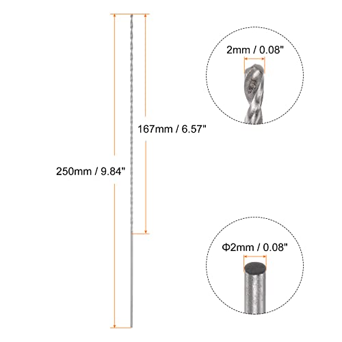 Harfington 6542 Bit de broca de torção de aço de alta velocidade, broca de 2 mm de broca de 250 mm de comprimento